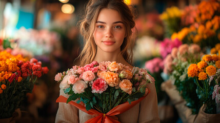 Fototapeta premium Woman Holding a Colorful Bouquet of Fresh Flowers 