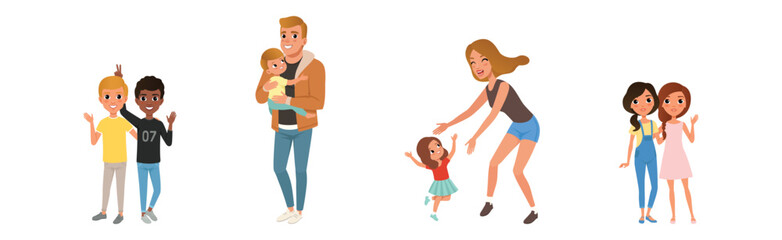 Fototapeta premium Happy People Character Hug and Embrace Feel Warmth Vector Set