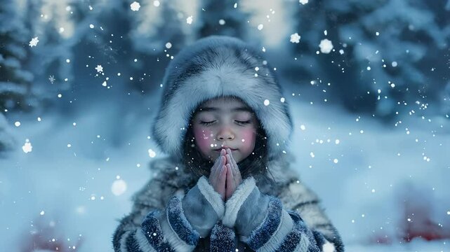 In a serene winter forest, a young eskimo girl dressed in warm clothing stands quietly with her hands clasped together in prayer. Snowflakes gently fall around her, creating a peaceful atmosphere.