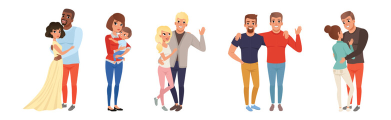 Happy People Character Hug and Embrace Feel Warmth Vector Set