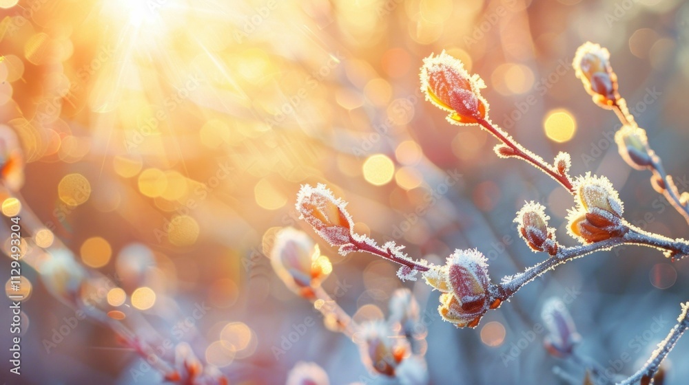 Poster frozen buds on branches in a sparkling winter landscape illuminated by sunlight at dawn, creating a 