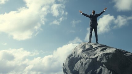 dynamic image of a businessman standing on a cliff edge, arms open to the wind, symbolizing freedom and fearless achievement