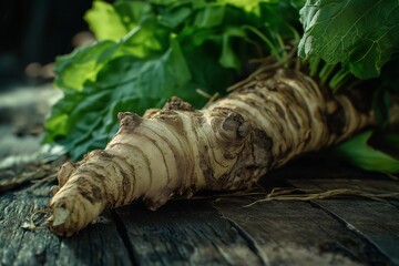 Obraz premium Closeup of Wasabia japonica root with rustic table and wasabi leaves