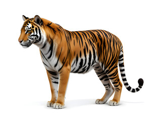 Obraz premium Tiger isolated on a white background, Side view, tiger standing full HD image generated by Ai. full body, realistic, full detail looking at the camera, 