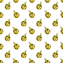 Seamless watercolor pattern of golden bells, Christmas bells. All objects are hand-drawn with watercolor. Watercolor illustration. Suitable for printing on fabric, for packaging goods and gifts