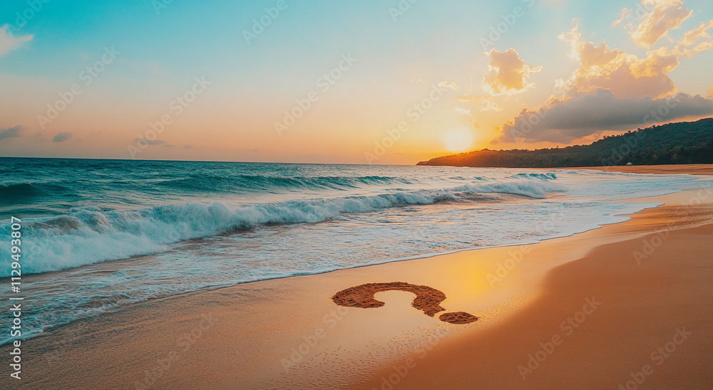 Poster sunset over the beach with a question mark drawn in the sand, inviting curiosity and reflection