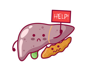 Diseased liver, gall bladder and pancreas. Cute characters in kawaii style. Affected organs, digestive system. Hepatitis, cirrhosis. For stickers, books, design. Medical brochure template.