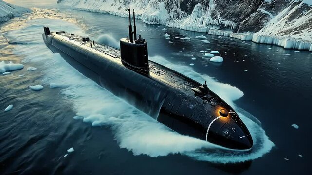 A nuclear submarine glides through the frigid waters of the North Sea, surrounded by majestic ice formations. The powerful vessel demonstrates its capabilities in a challenging environment.