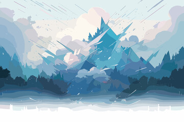 Mountain range with a blue sky. The mountains are covered in trees. The sky is cloudy flat vector illustration