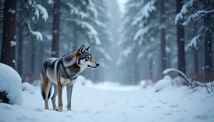 Fototapeta premium Wolf in a serene mood walking through a snowy forest path with a blurred background