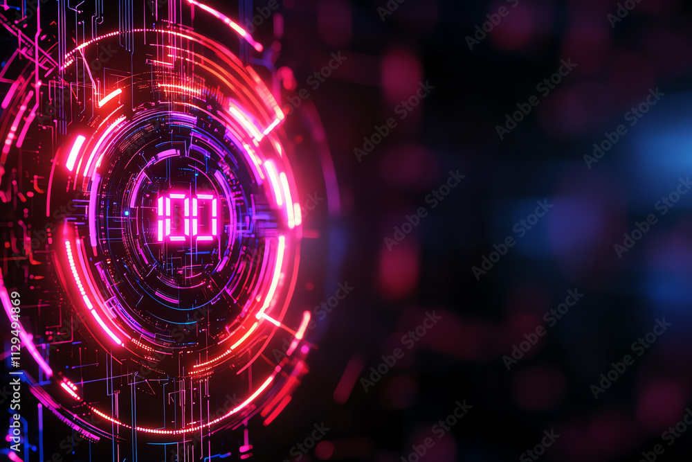 Poster futuristic digital design with vibrant neon lights and circular patterns.