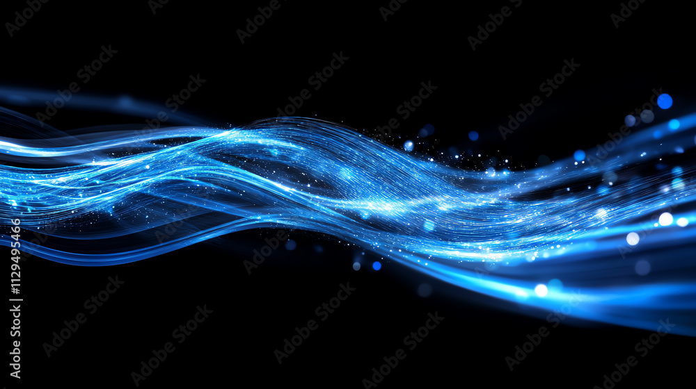 Poster a mesmerizing abstract representation of flowing blue light waves on a dark background.