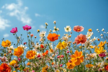 Obraz premium Colorful garden blooms surround a charming white house in bright sunlight