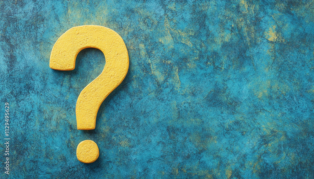 Poster bright yellow question mark on textured blue background invites curiosity and exploration in a creat