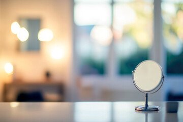 Round mirror on table in bright blurred home interior