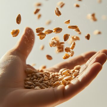 Hand catching falling grains with sunlight, warm and natural setting.