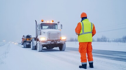 Winter Road Safety Inspection - Snowy road, large truck, safety worker, winter conditions, transportation safety.