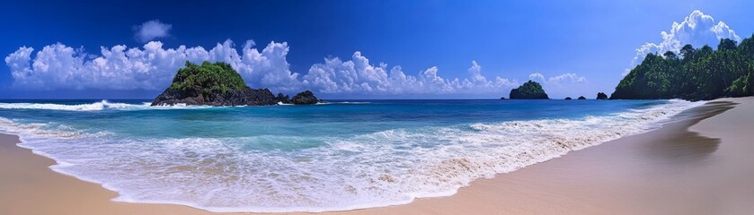 Fototapeta premium Panoramic Beach View Coastal Composition, Ocean Waves, Tropical Island, Blue Sky Cloudscape, Paradise Beach. Tropical, Ocean, Landscape
