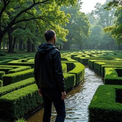 Person observing intricate garden maze with water channels
