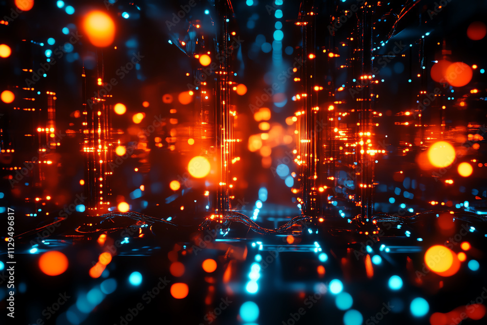 Poster abstract digital patterns with glowing lights and circuits in vivid colors.