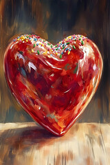 Heart-shaped glazed pastry with sprinkles on wooden surface.