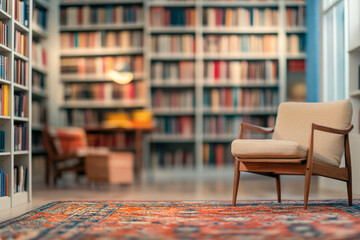 Cozy reading corner in a modern library with armchair and bookshelves