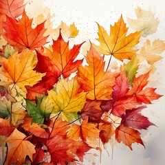 Vibrant watercolor autumn leaves cascading against a textured white background