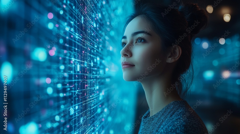 Poster employee engaging with ai-driven solutions for tracking progress in a modern workspace