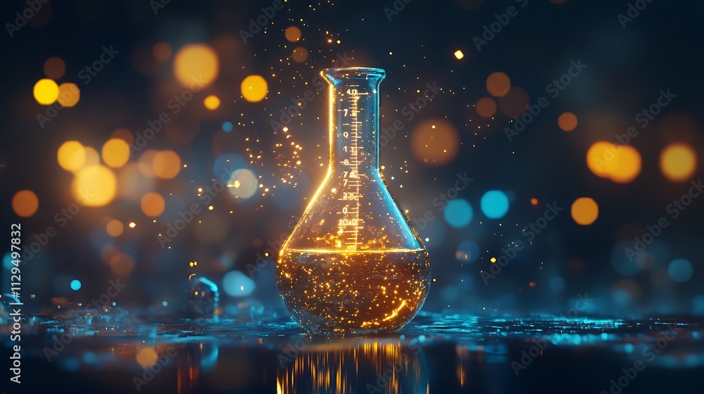 Poster glowing erlenmeyer flask with sparkling liquid inside