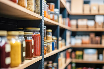 Organized pantry shelves with various jars and containers