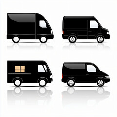 icon set of 4 black delivery trucks, white background