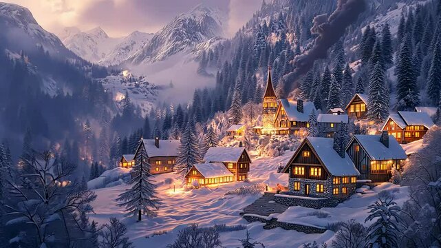 Experience a charming small village illuminated at dusk with warm glows from cozy houses. Snow blankets the ground while majestic mountains and towering pine trees frame the serene landscape.