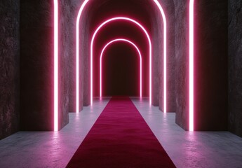Fototapeta premium ピンクのネオンライトが照らすアーチ型の通路