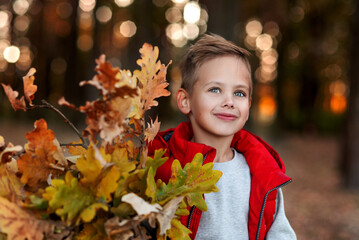 Little boy in the forest with leaves in hand