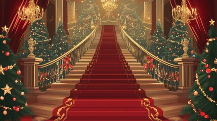 Elegant Palace Staircase with Christmas Trees and Crystal Chandeliers