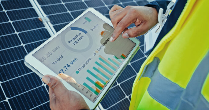 Person, hands and engineer with tablet screen for solar panel graph, diagnostics or photovoltaic software. Closeup, technician or technology display with statistics, chart or app for renewable energy