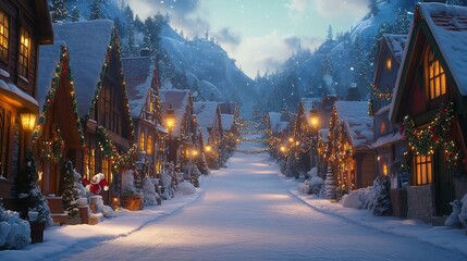 Fototapeta premium Snowy Village at Dusk Digital Painting, Winter Wonderland, Christmas Town, Festive Lights, 3D Render Christmas, Winter, Snow