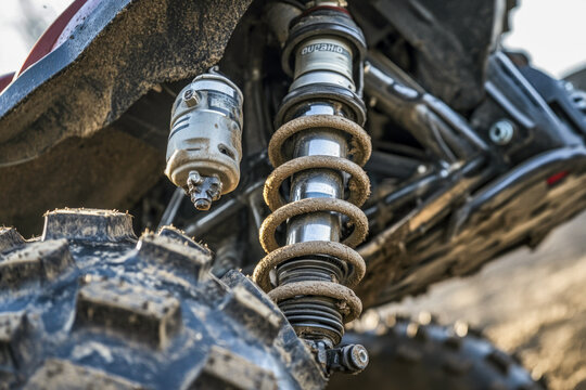Off-road vehicle suspension system close-up in action