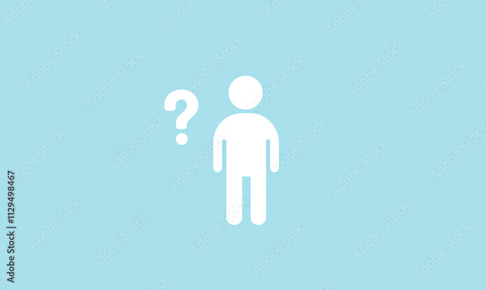 Poster individual standing with a question mark in a light blue background illustrating uncertainty or curi