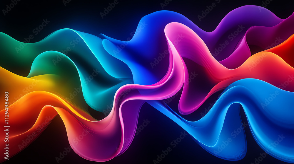 Poster vibrant abstract waves of color flowing smoothly in a dark background.
