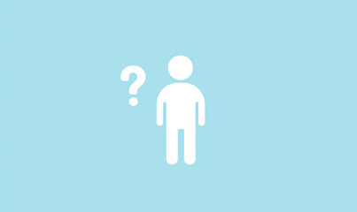 Individual standing with a question mark in a light blue background illustrating uncertainty or curiosity