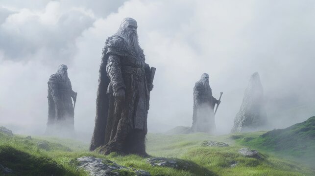 Stone Giants in Misty Highlands Three Figures Composition, Digital Painting, Fantasy Landscape, Digital art, Fantasy, Mythology