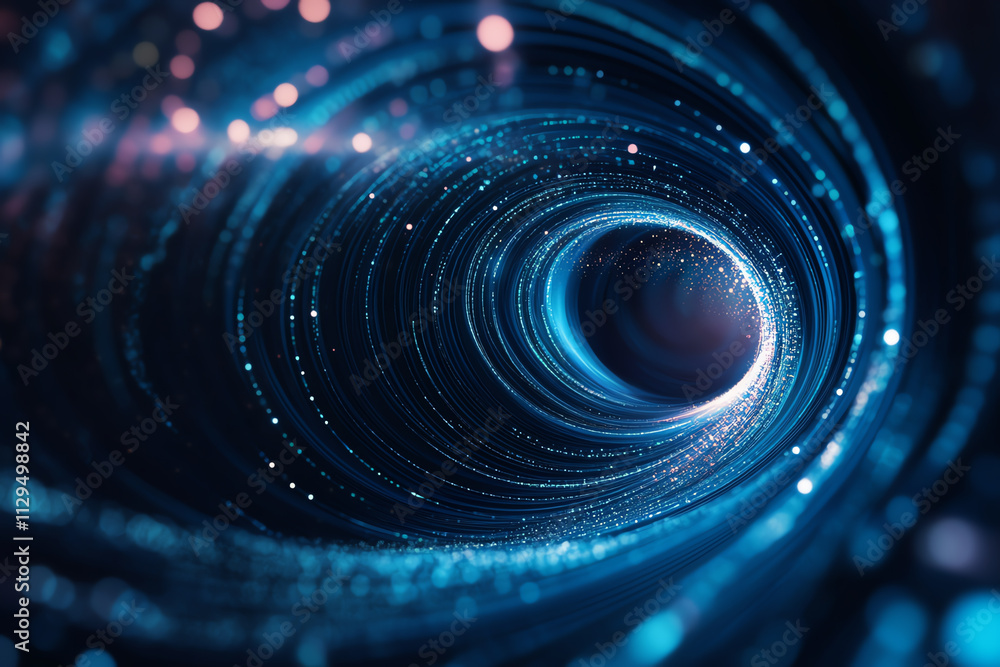 Poster a captivating visual of a swirling cosmic tunnel filled with glowing particles.