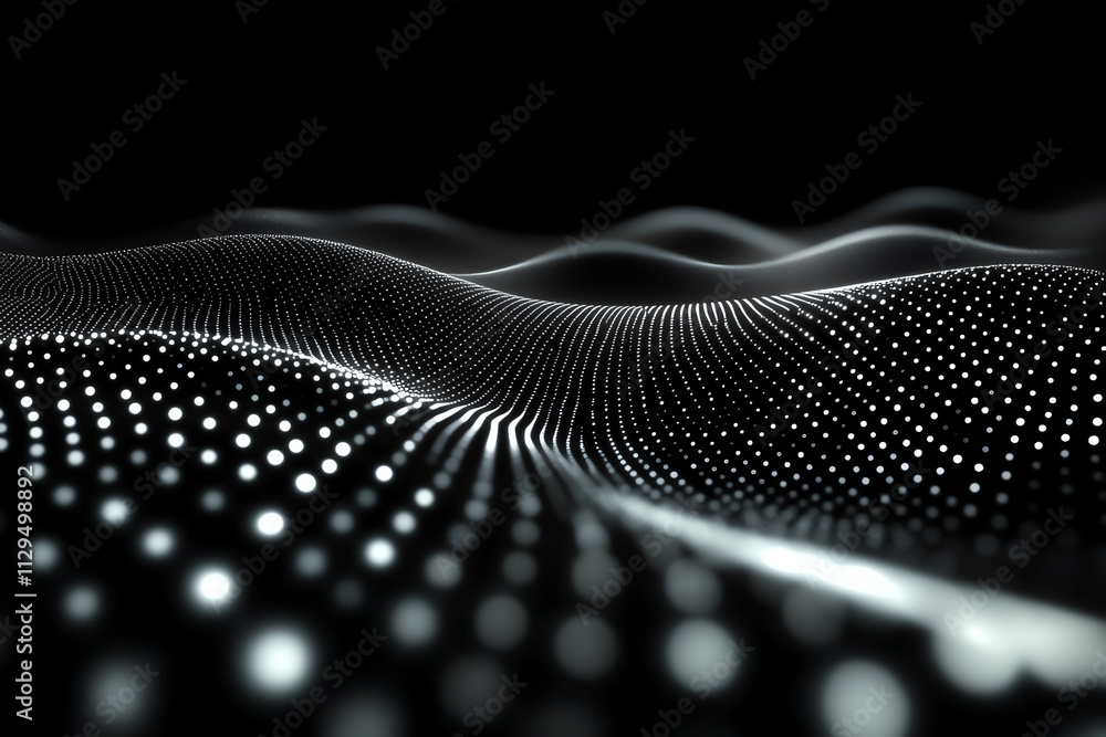 Poster abstract digital waves with glowing dots create a futuristic and immersive landscape.