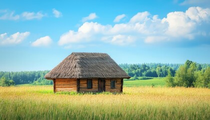 Fototapeta premium A quaint wooden house with a thatched roof sits in a lush field under a bright blue sky with fluffy clouds.