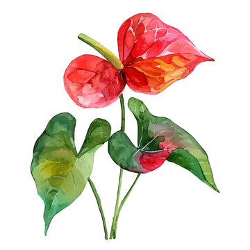 watercolor anthurium flower red green leaves clip art preview
