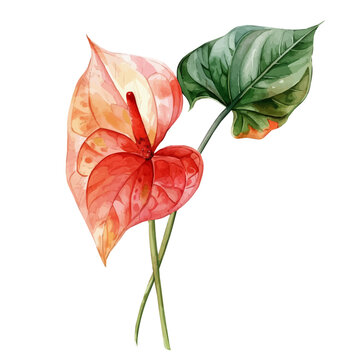 watercolor anthurium flower with green leaves clip art preview