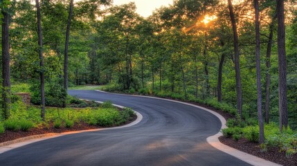 Fototapeta premium Sunset Winding Driveway High-Resolution Landscape Photography, Asphalt Composition, Lush Greenery, Serene Nature, Asphalt Driveway, Landscape Design, Nature Photography Sunset