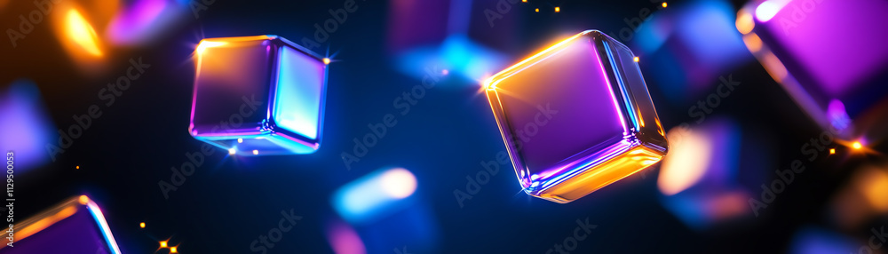 Poster vibrant glowing cubes in a digital space creating a futuristic atmosphere.