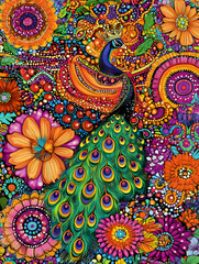 Vibrant peacock amidst colorful flowers and swirling patterns.